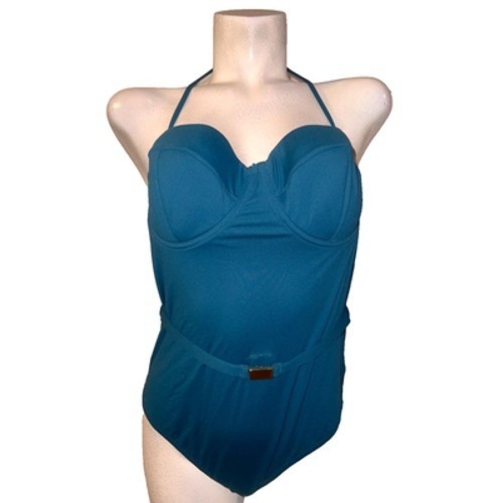 New J. Crew Teal One Piece Swimsuit Halter Neck Belted Underwire Cups Sz 14 NWT